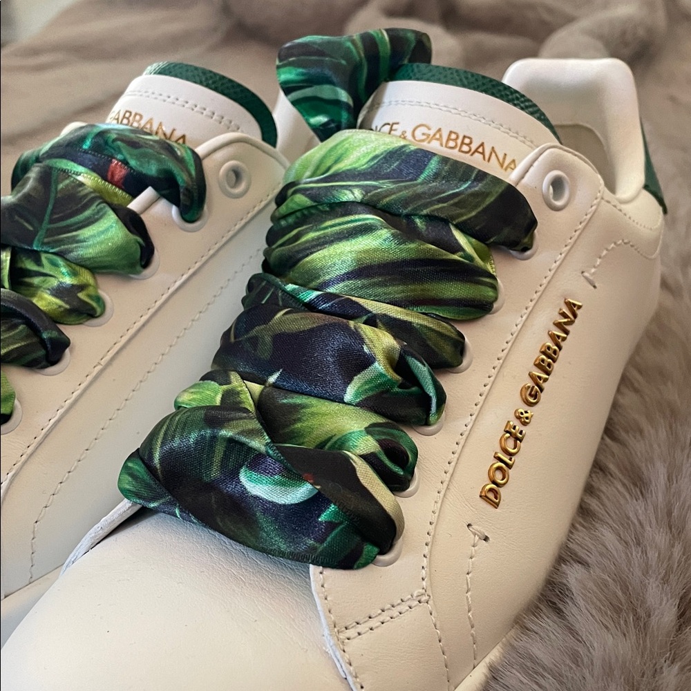 Dolce & Gabbana White Sneakers with Leafy Green Laces